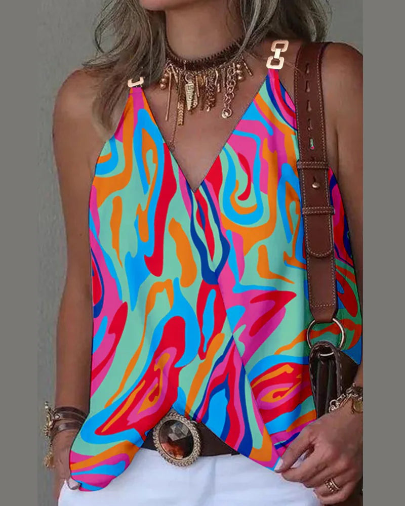 Summer V-Neck Sleeveless Print Blouse