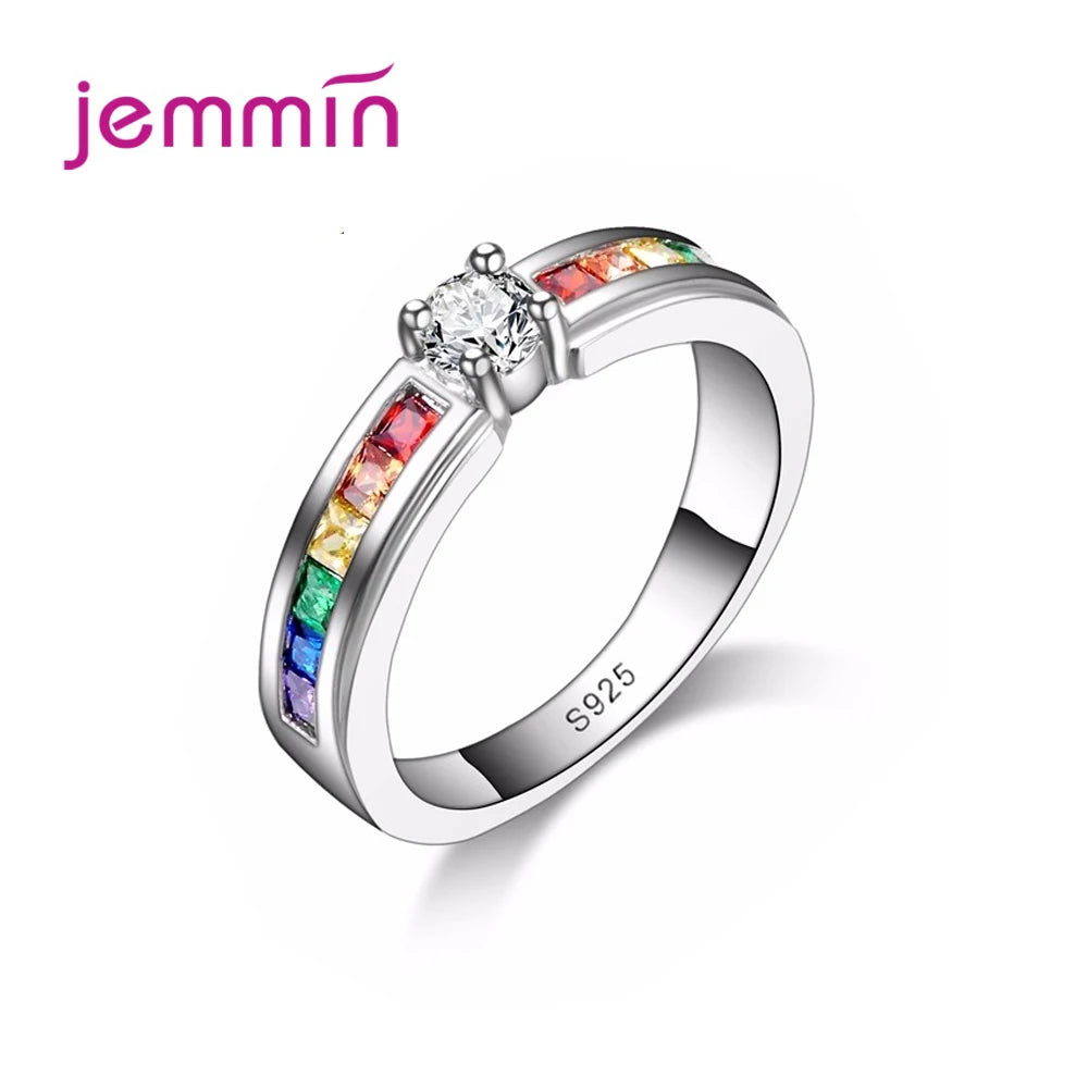 Rainbow Cubic Zirconia Statement Ring - Colorful Crystal Silver Plated Fashion Jewelry for Women