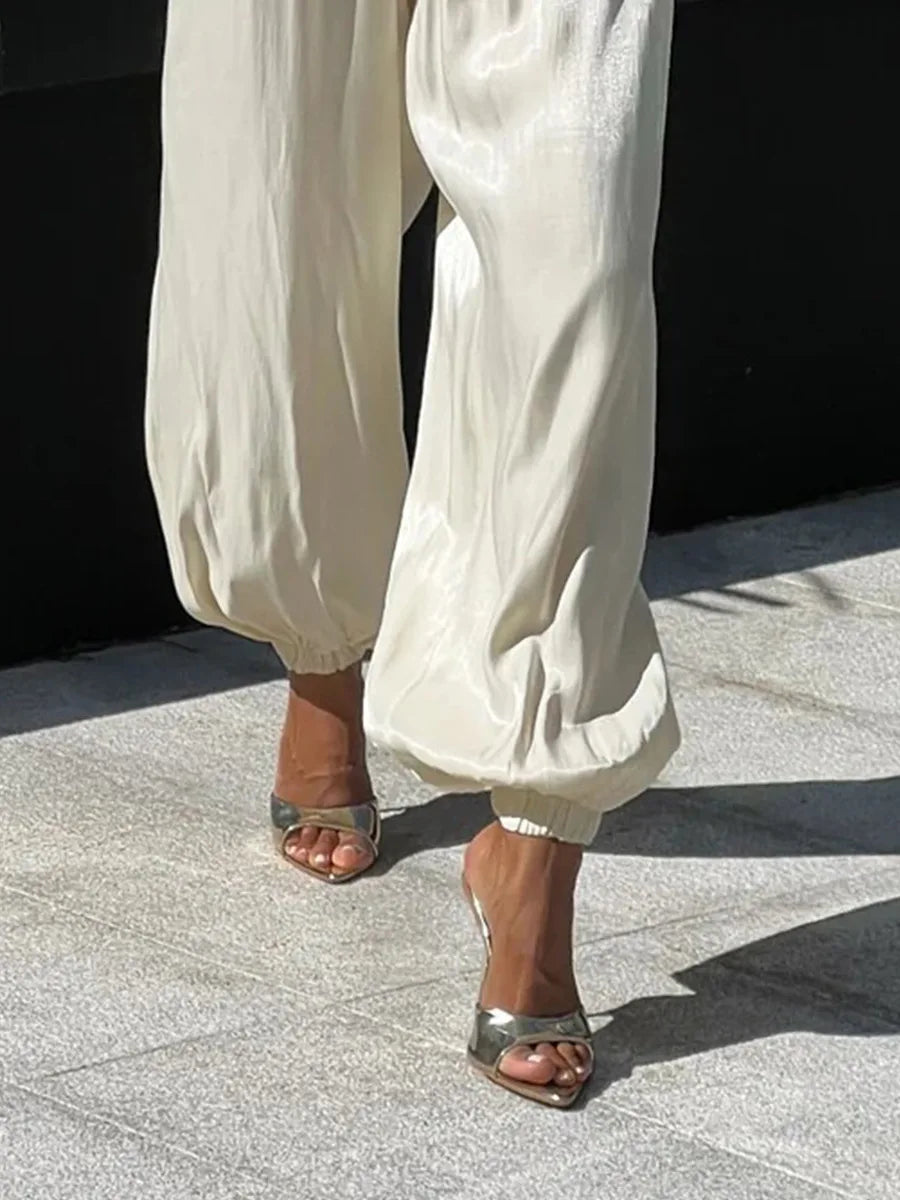 Glossy Satin Street-Style Pants - Low Rise