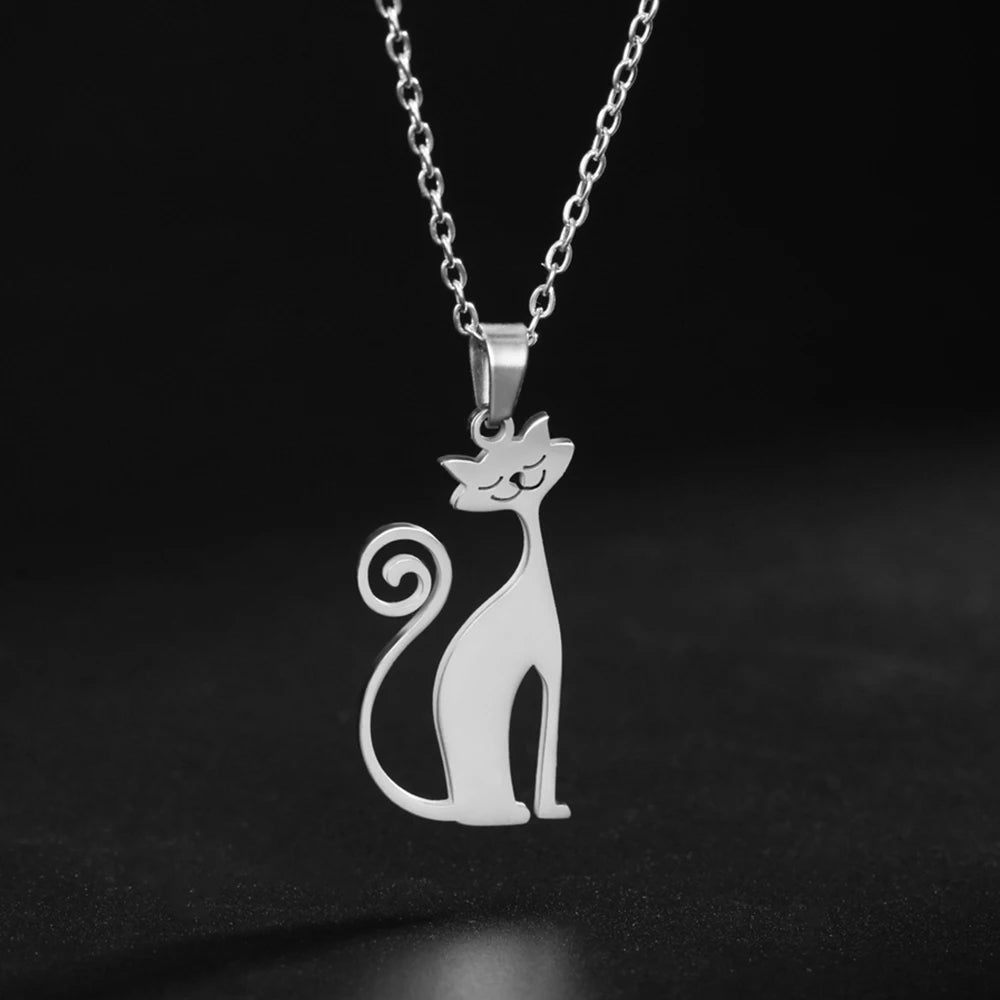 Minimalist Stainless Steel Quirky Long-Tail Cat Pendant Necklace