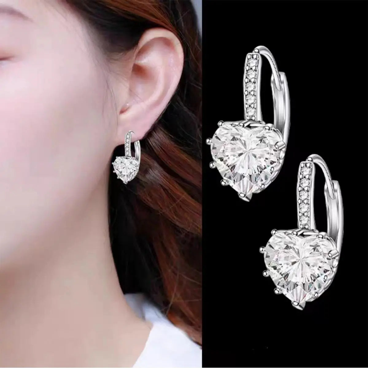 925 Sterling Silver Heart Cut Crystal Hoop Earrings