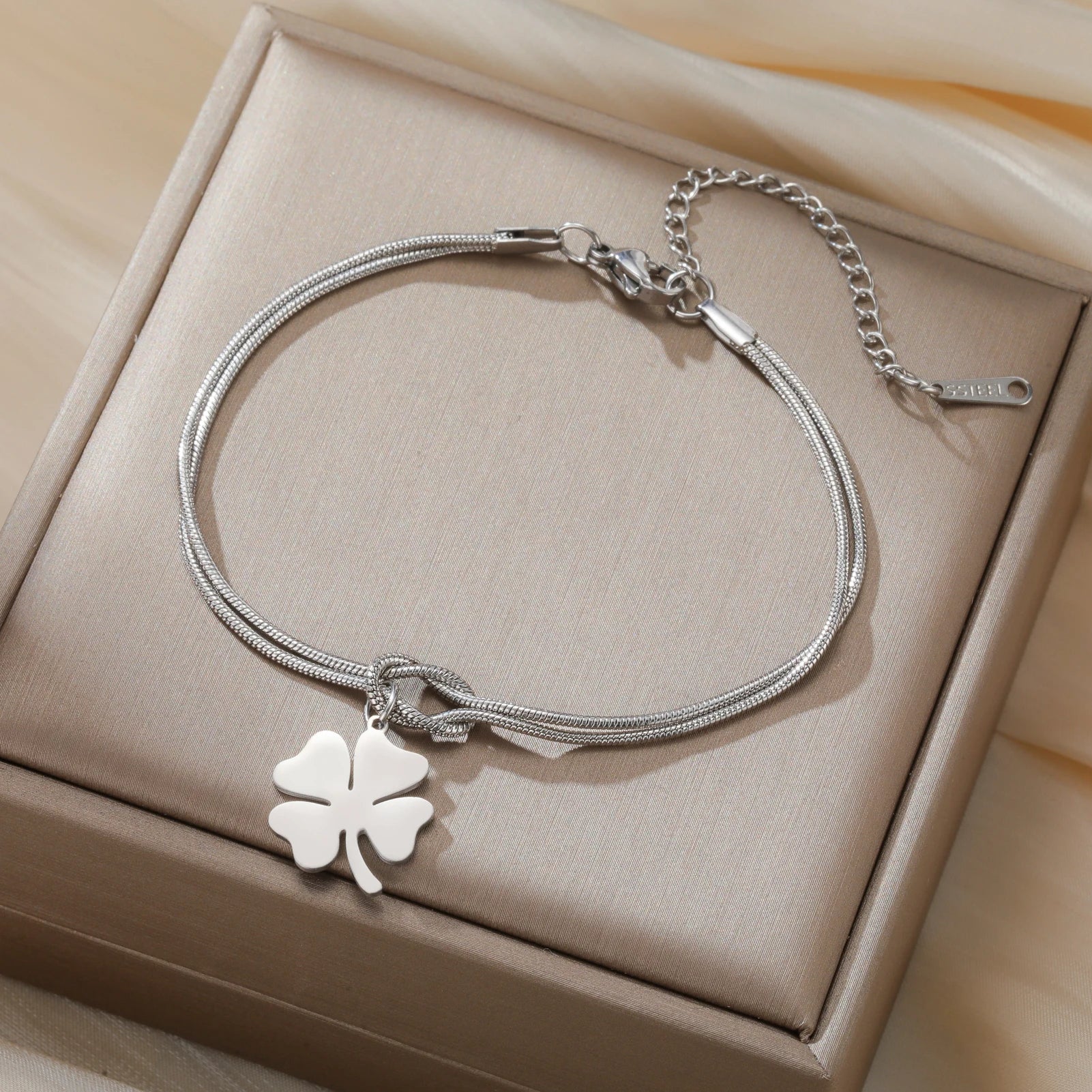 The "Aura Clover" Stainless Steel Bracelet – Lucky Four-Leaf Charm Snake Chain