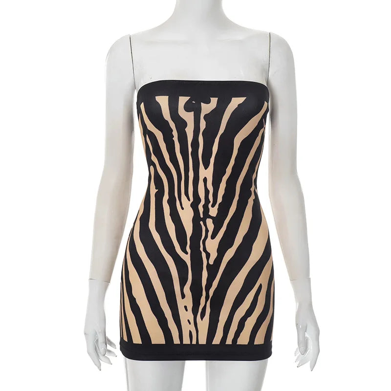 Zebra Striped Strapless Mini A-Line Dress
