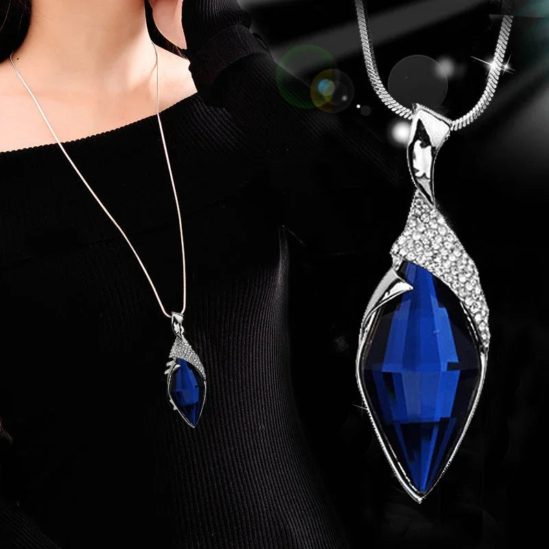 Vintage Ethnic Ocean Blue Crystal Long Pendant Necklace