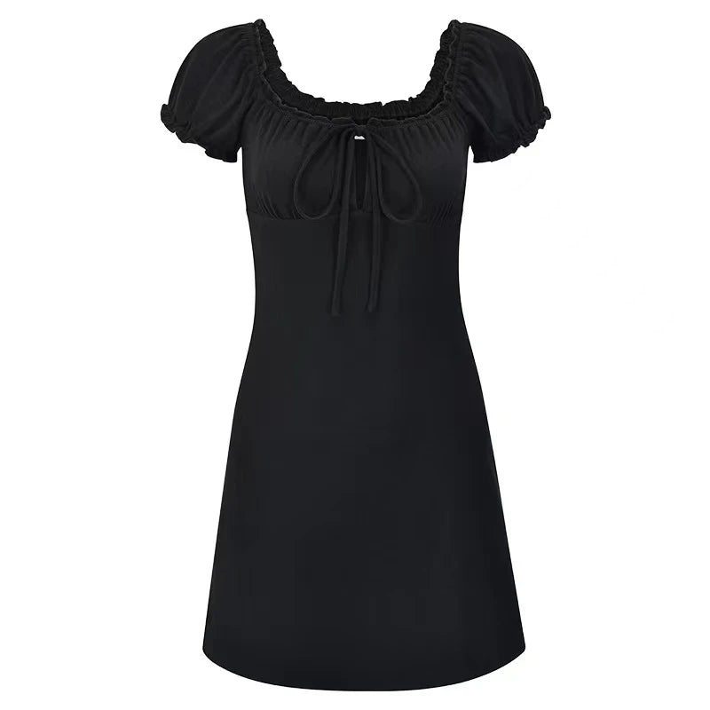 Shadow Aura Mini Dress – Elegant Lace-Up Cut-Out Gown