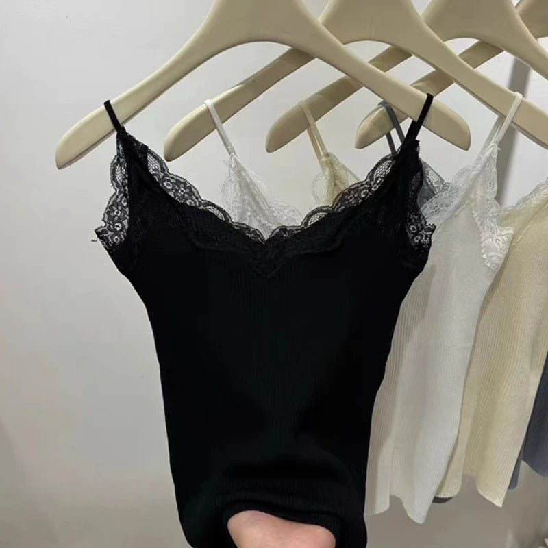 Seoul Lace-Trim Cami Top – Y2K Ribbed Summer Tank