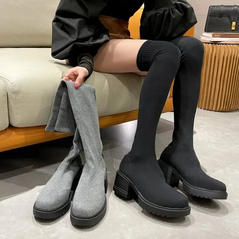 Women's Over-the-Knee Platform Boots - Elastic Stretch Winter Cowboy-Style Boots