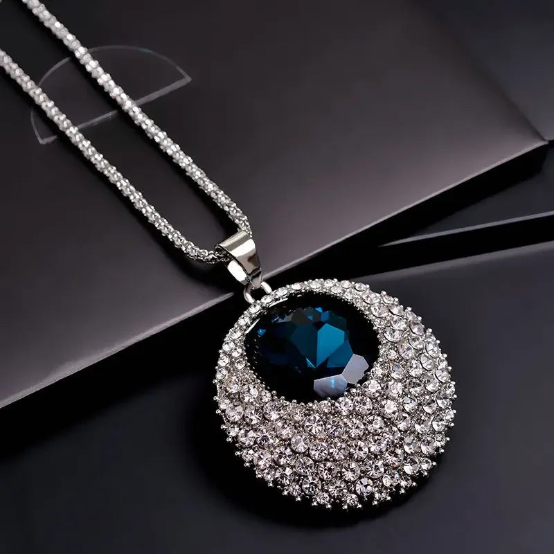 Vintage Ethnic Ocean Blue Crystal Long Pendant Necklace