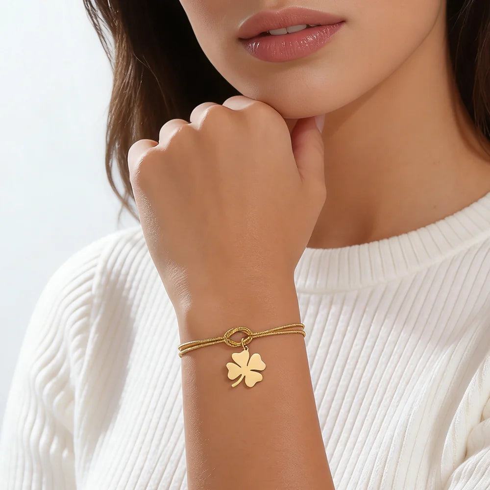 The "Aura Clover" Stainless Steel Bracelet – Lucky Four-Leaf Charm Snake Chain