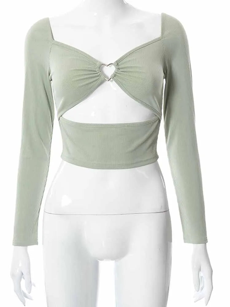 Siren Aura Crop Top – Elegant Hollow-Out V-Neck Long Sleeve