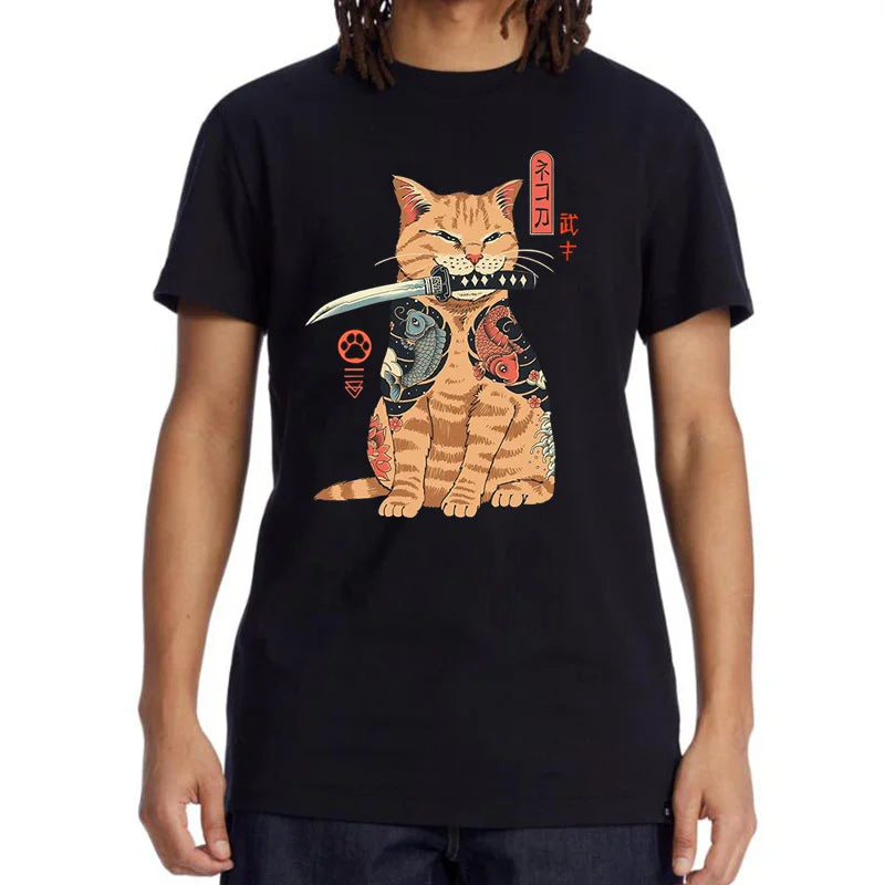Japanese Style Samurai Cat Graphic Streetwear T-Shirt