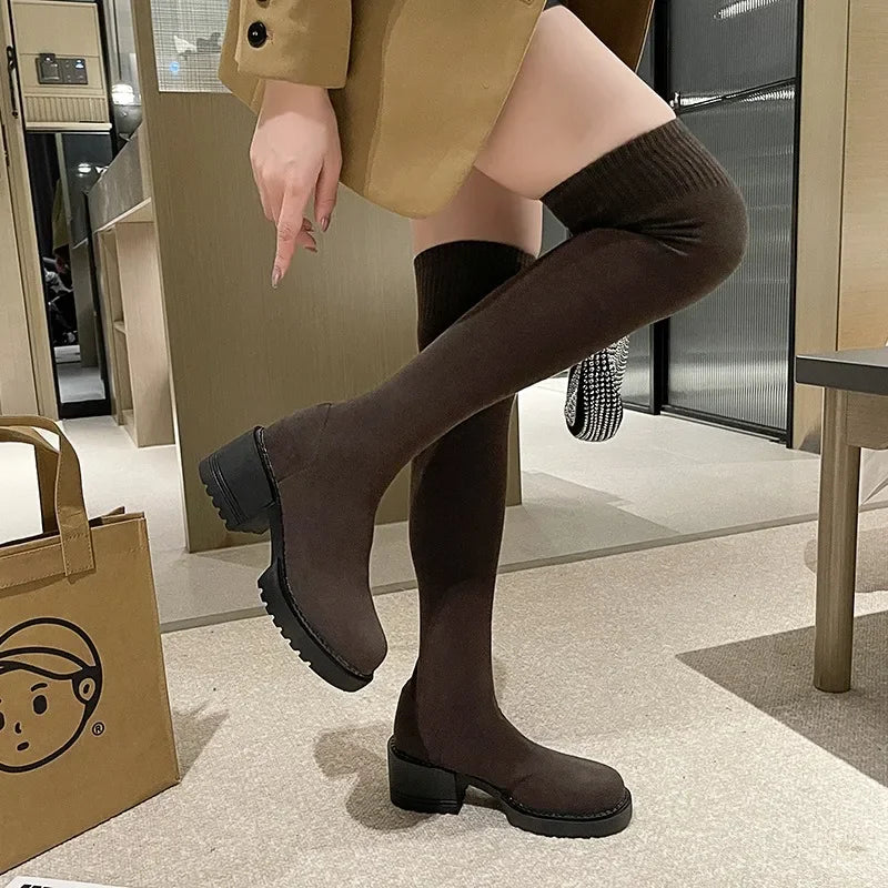 Women's Over-the-Knee Platform Boots - Elastic Stretch Winter Cowboy-Style Boots