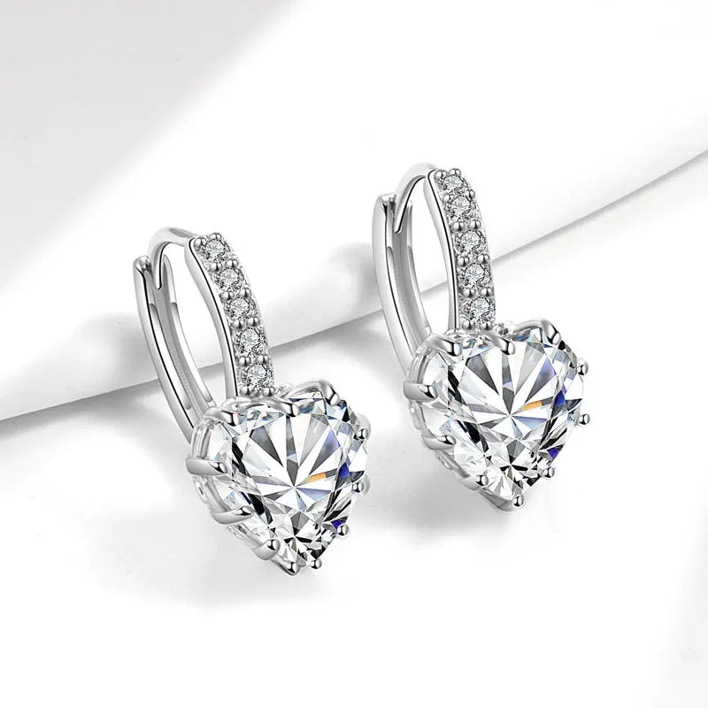 925 Sterling Silver Heart Cut Crystal Hoop Earrings