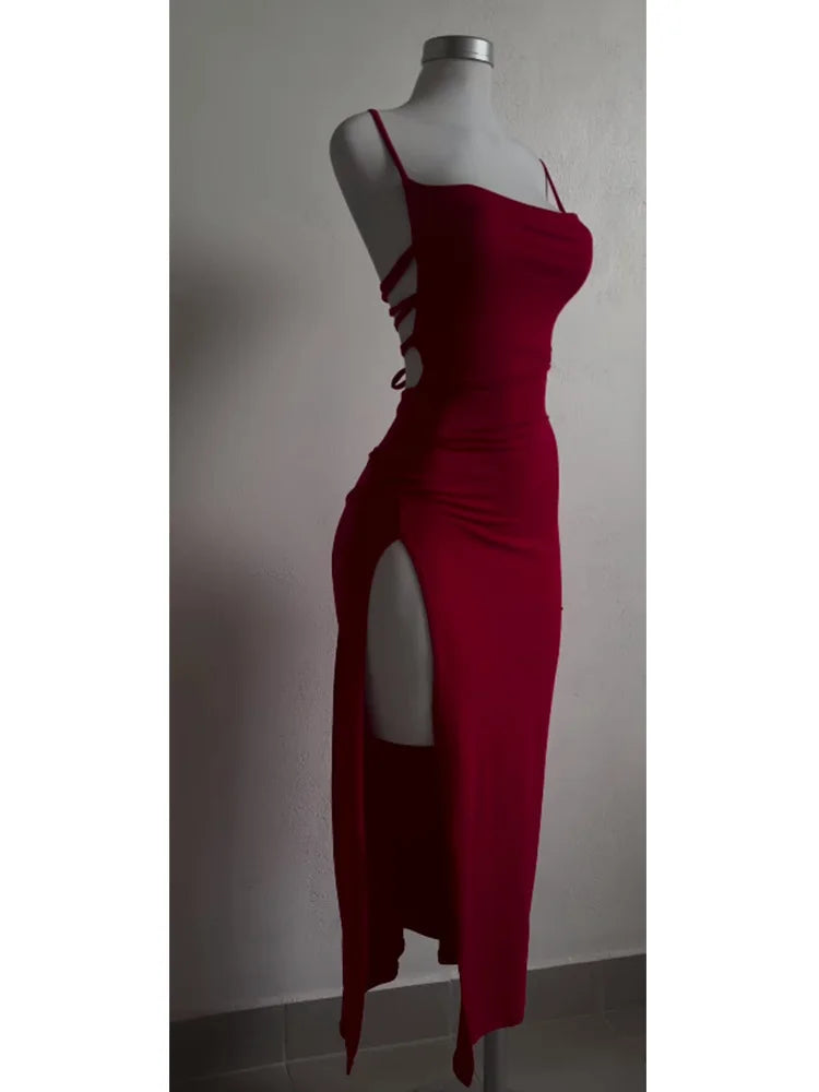 The "Aura Siren" Backless Maxi Dress – Sexy Lace-Up Split Bodycon Gown