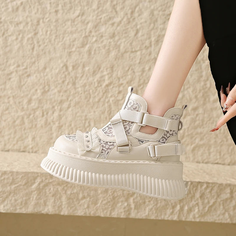 Elegant Platform Leather Sneakers - Buckle Detail