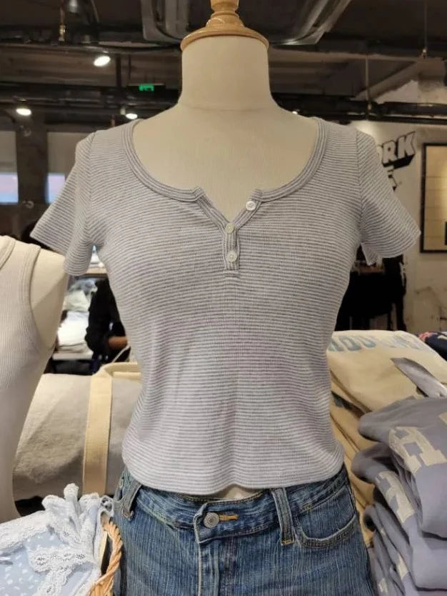 Brooklyn Retro Striped Crop Top – Y2K Ribbed Button Henley Tee