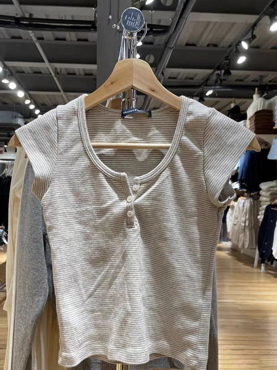 Brooklyn Retro Striped Crop Top – Y2K Ribbed Button Henley Tee