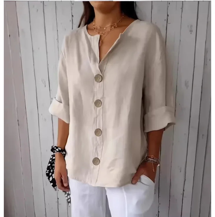 Casual Linen-Blend V-Neck Blouse - Elegant Summer Shirt