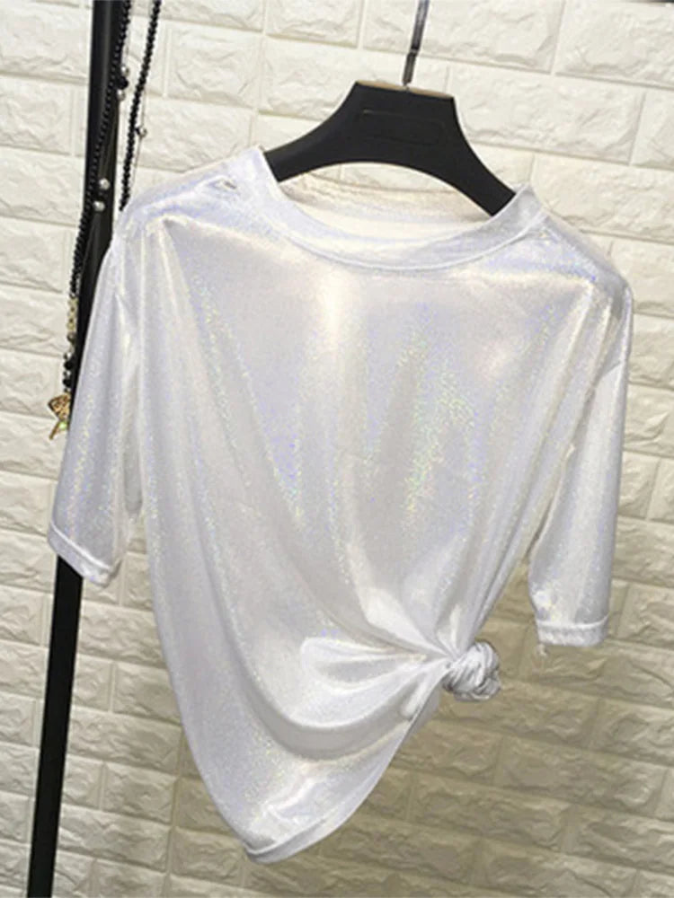 Cosmic Aura Shiny Tee – Harajuku Aesthetic Loose T-Shirt