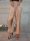Glossy Satin Street-Style Pants - Low Rise