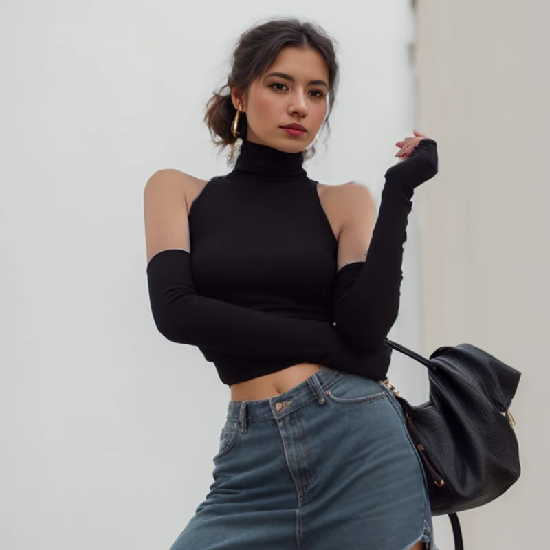 The "Aura Matrix" Ribbed 2-Piece Top – Sleeveless Turtleneck with Detachable Sleeves