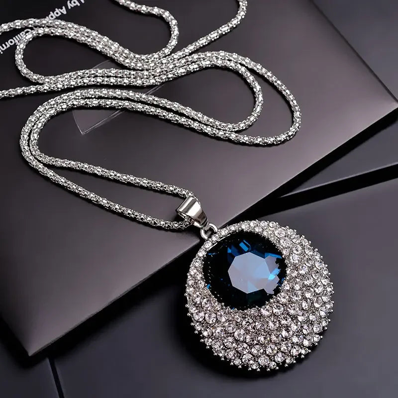 Vintage Ethnic Ocean Blue Crystal Long Pendant Necklace