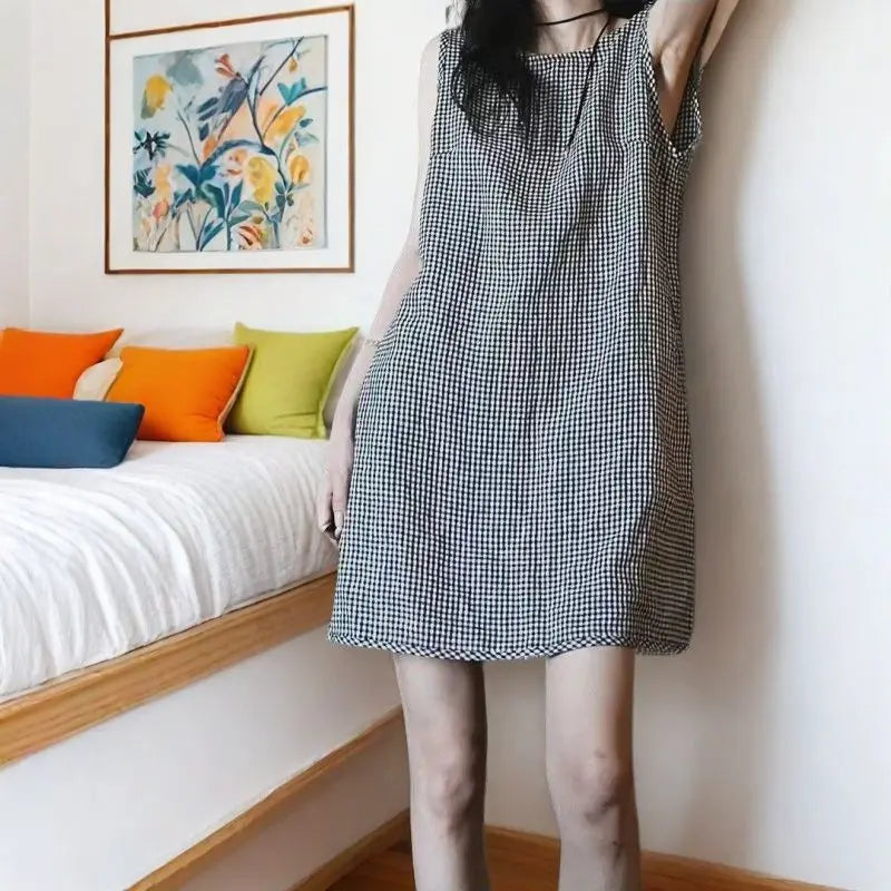 Vintage Plaid Cotton-Linen Vest Dress - Summer Chic