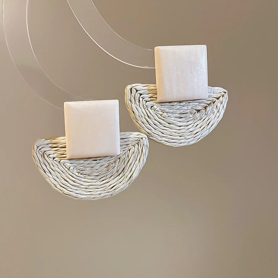The "Aura Tropic-Weave" Boho Earrings – Retro Semicircle Raffia & Wooden Dangle Jewelry