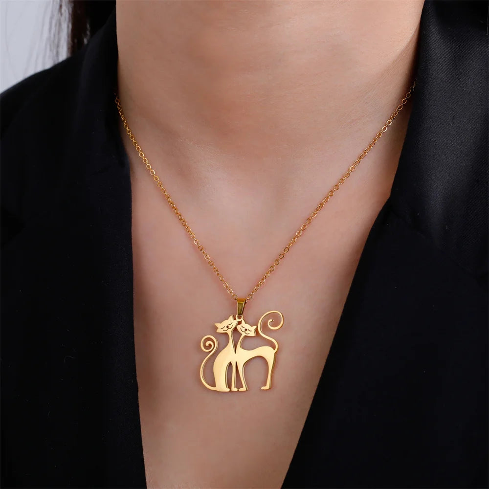 Minimalist Stainless Steel Quirky Long-Tail Cat Pendant Necklace