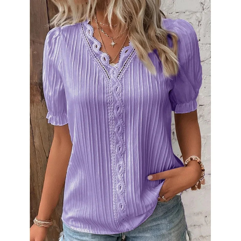 Lace Trim V-Neck Chiffon Blouse