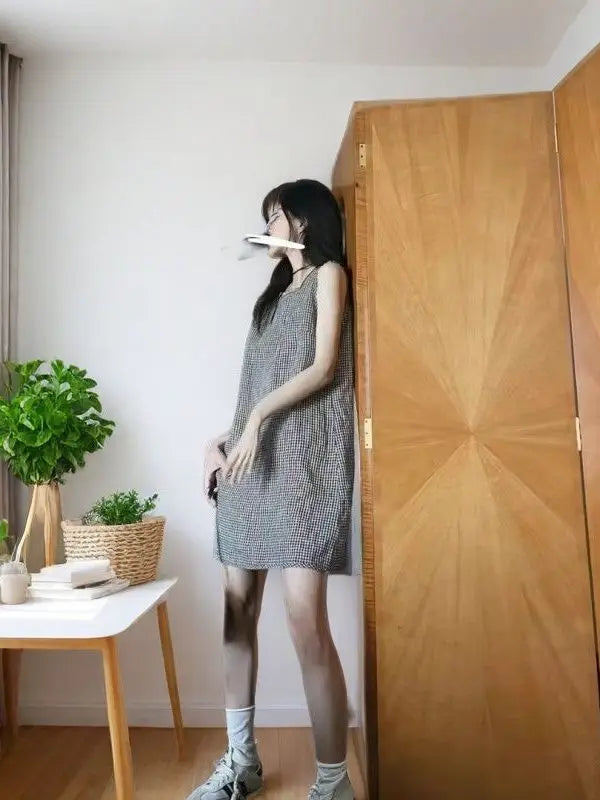 Vintage Plaid Cotton-Linen Vest Dress - Summer Chic