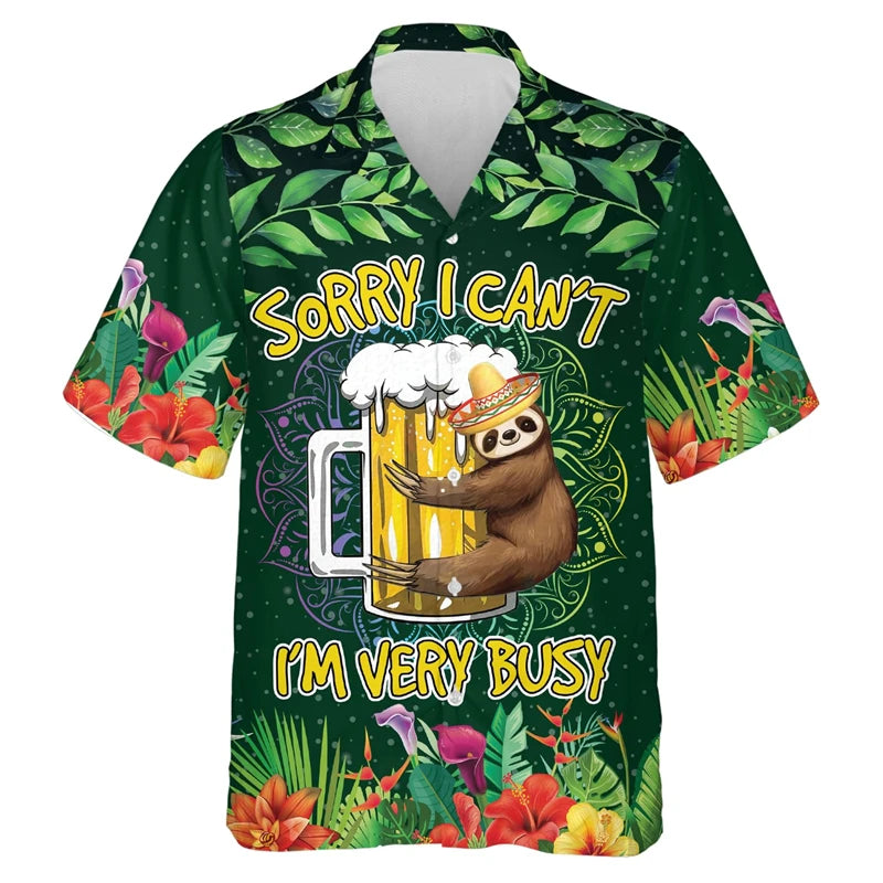 Zalea Sloth Hawaiian Shirt – 3D Printed Tropical Beach Casual Top