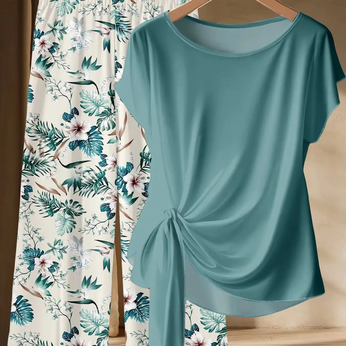 Summer Tropical Two-Piece Set - Casual Twist Top & Wide-Leg Pants