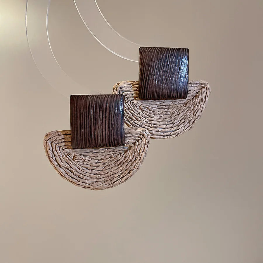 The "Aura Tropic-Weave" Boho Earrings – Retro Semicircle Raffia & Wooden Dangle Jewelry
