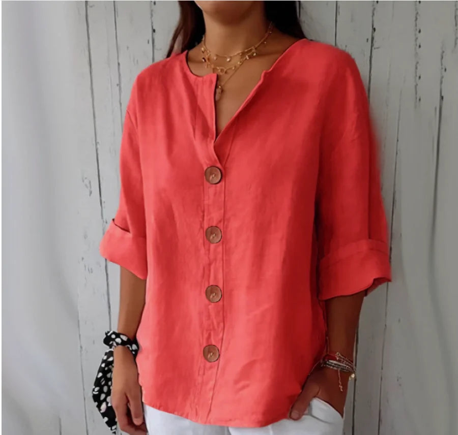 Casual Linen-Blend V-Neck Blouse - Elegant Summer Shirt