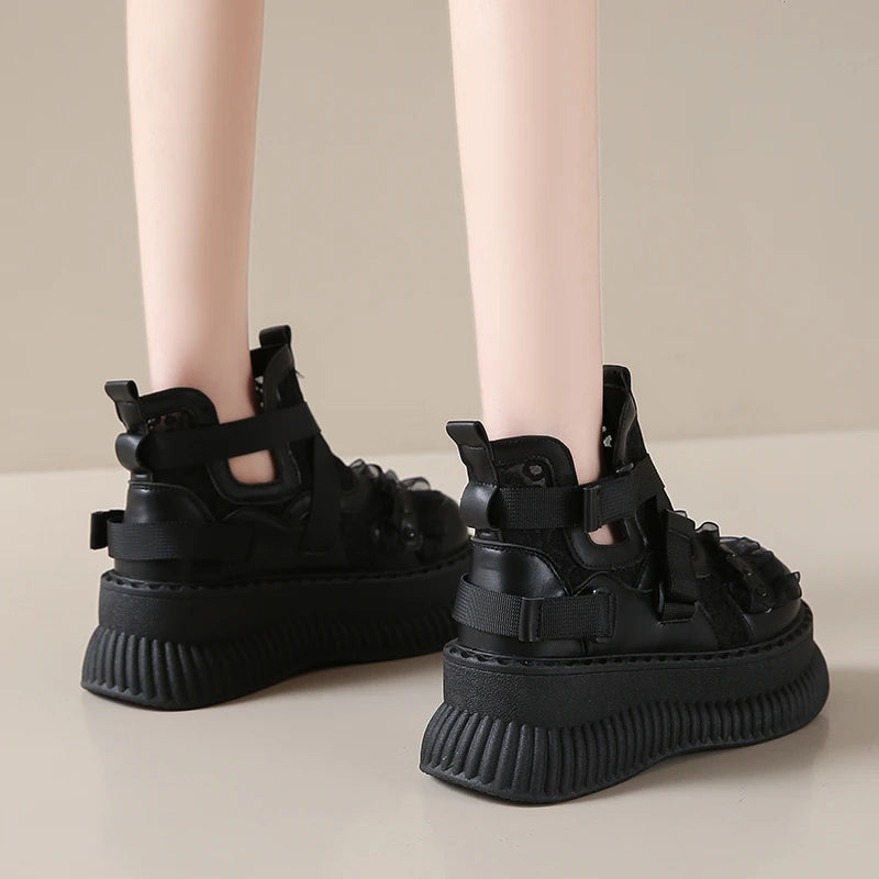 Elegant Platform Leather Sneakers - Buckle Detail