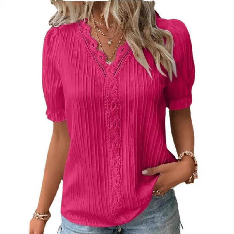 Lace Trim V-Neck Chiffon Blouse