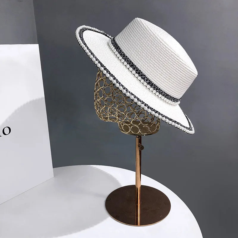 French Riviera Pearl Straw Sun Hat - Wide Brim Summer Beach Cap