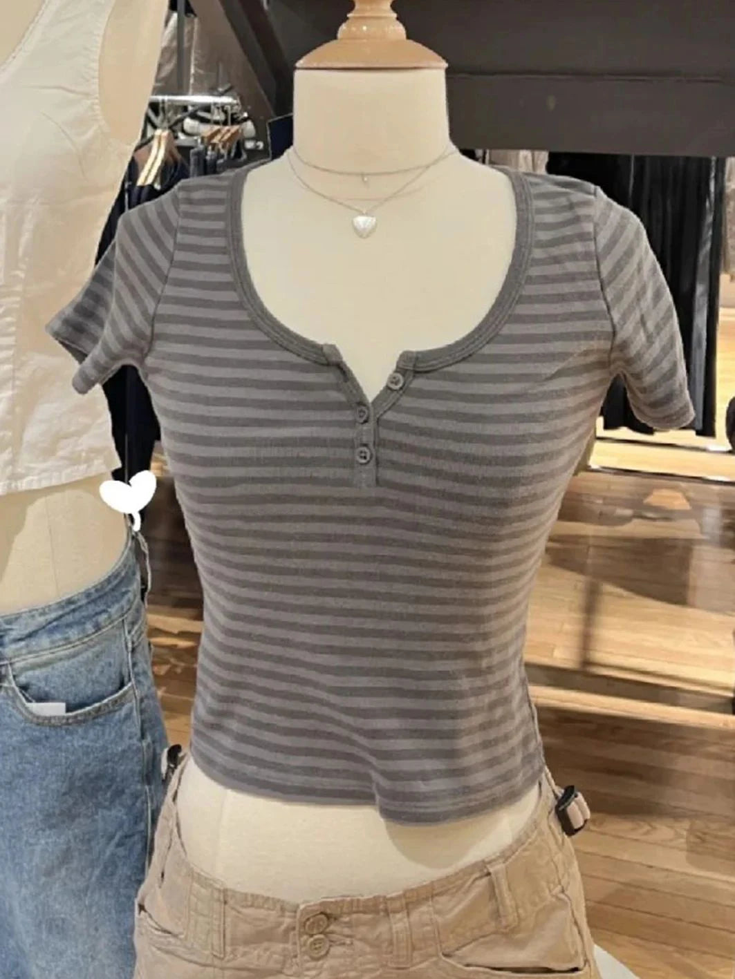 Brooklyn Retro Striped Crop Top – Y2K Ribbed Button Henley Tee