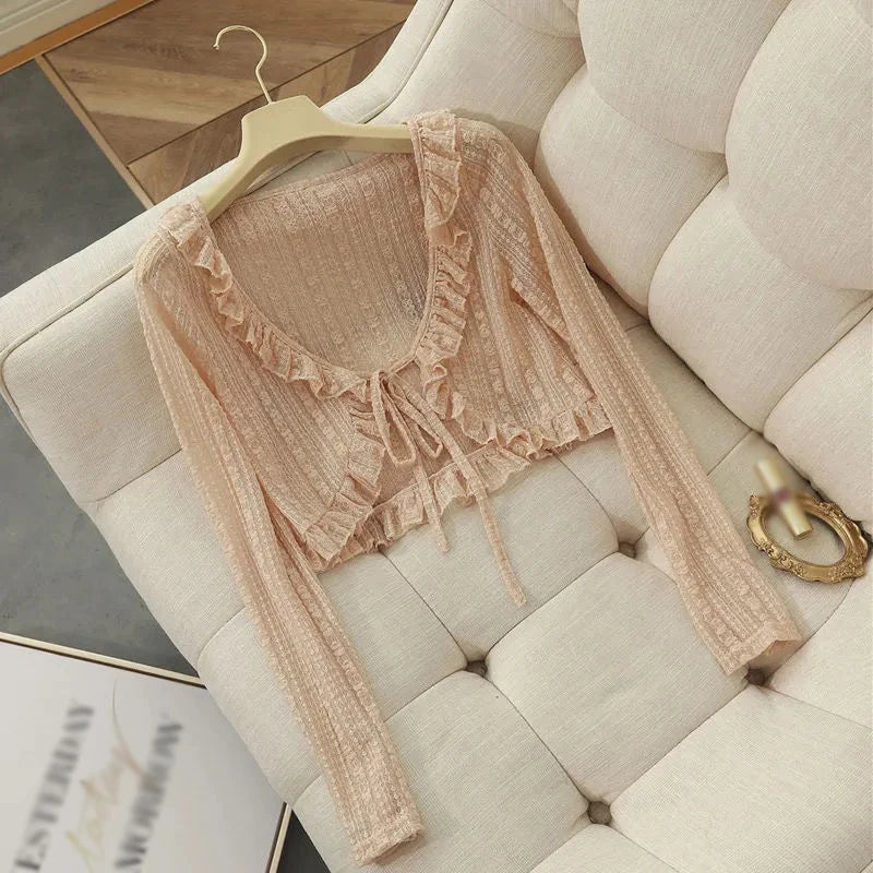 Lace Ruffle Shirt  Y2Y Korean Summer Cardigan Sunscreen Women Casual Fashion Long Sleeves Short Shirts Sun Protection Clothing