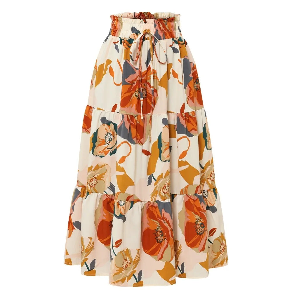 Santorini Bohemian Maxi Skirt – Flowy Summer Floral Long Skirt