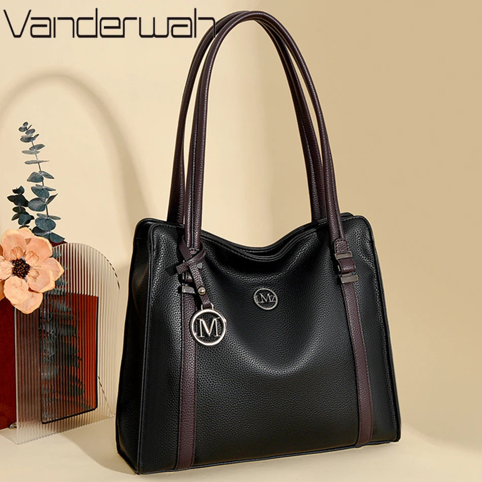 Luxury Leather Shoulder Bag - Large Capacity Tote