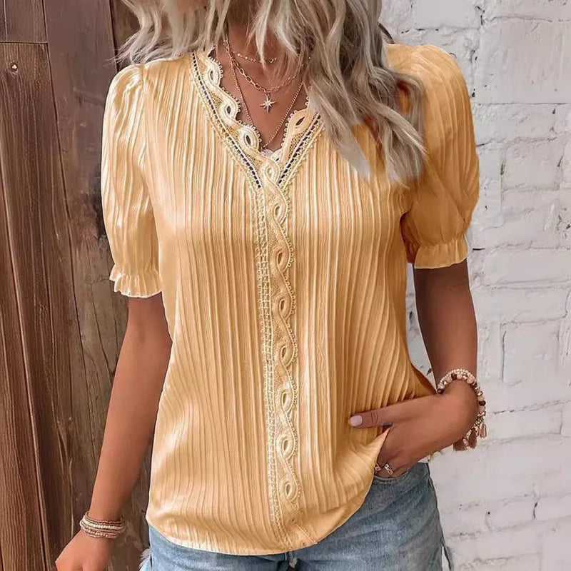 Lace Trim V-Neck Chiffon Blouse