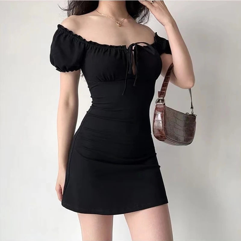 Shadow Aura Mini Dress – Elegant Lace-Up Cut-Out Gown