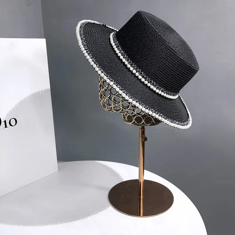 French Riviera Pearl Straw Sun Hat - Wide Brim Summer Beach Cap