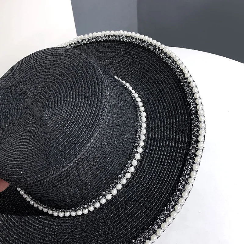 French Riviera Pearl Straw Sun Hat - Wide Brim Summer Beach Cap