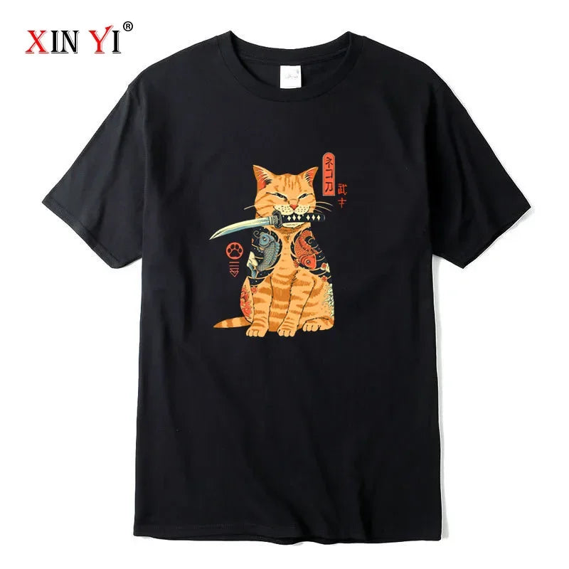 Japanese Style Samurai Cat Graphic Streetwear T-Shirt