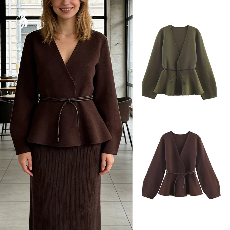 Elegant V-Neck Knitted Peplum Cardigan