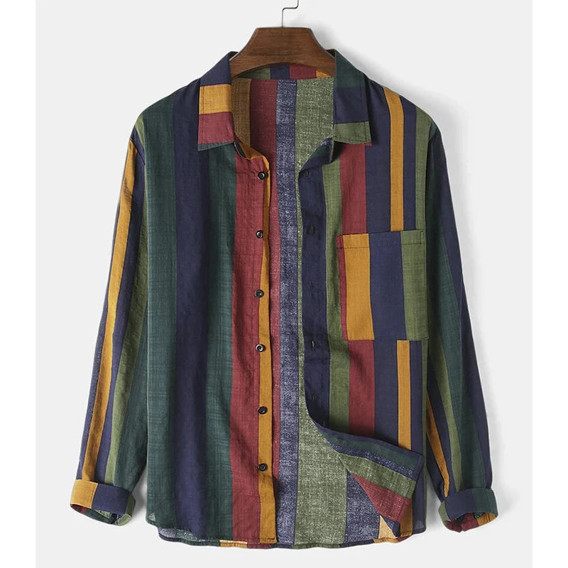 Men's Retro Vertical Striped Long Sleeve Shirt - Loose Fit Button-Down Streetwear Top