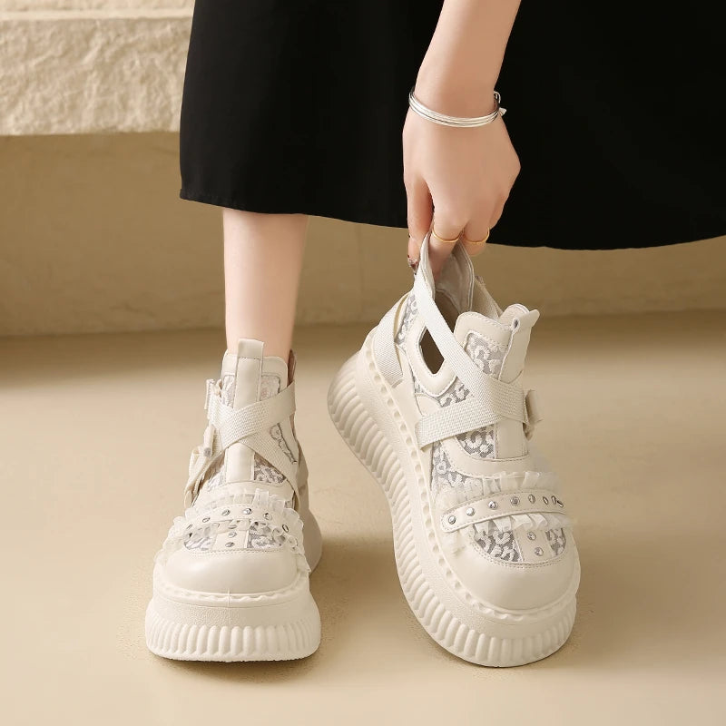 Elegant Platform Leather Sneakers - Buckle Detail